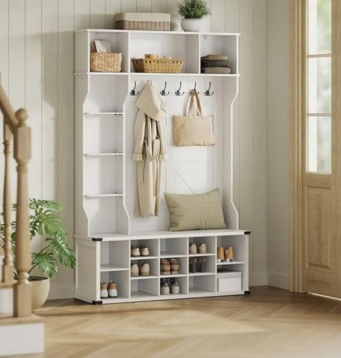 White 4 in 1 Entryway Coat Rack with Shoe Storage - Image 1