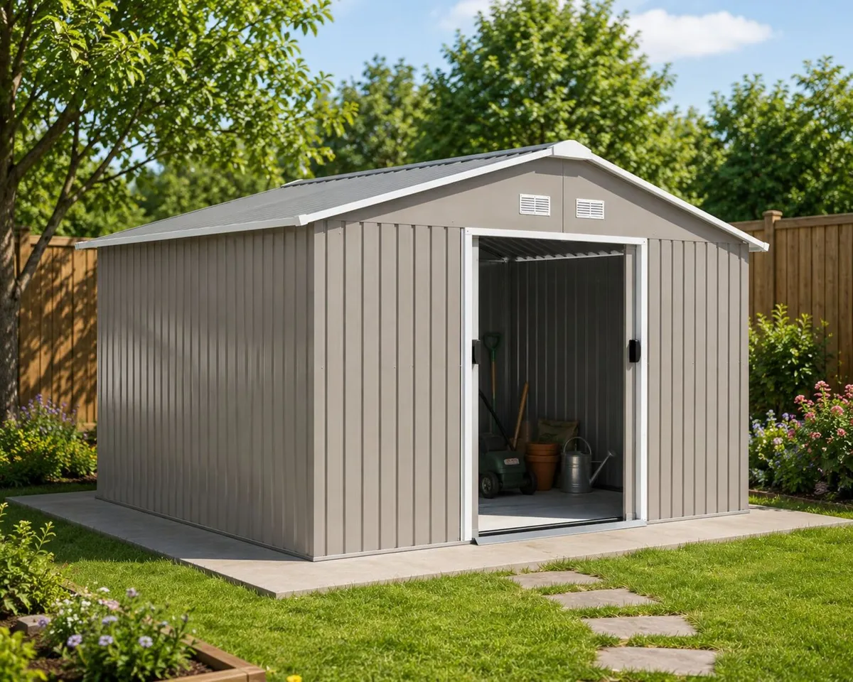 Large Metal Storage Shed Sliding Doors 13 x 11ft - Image 1