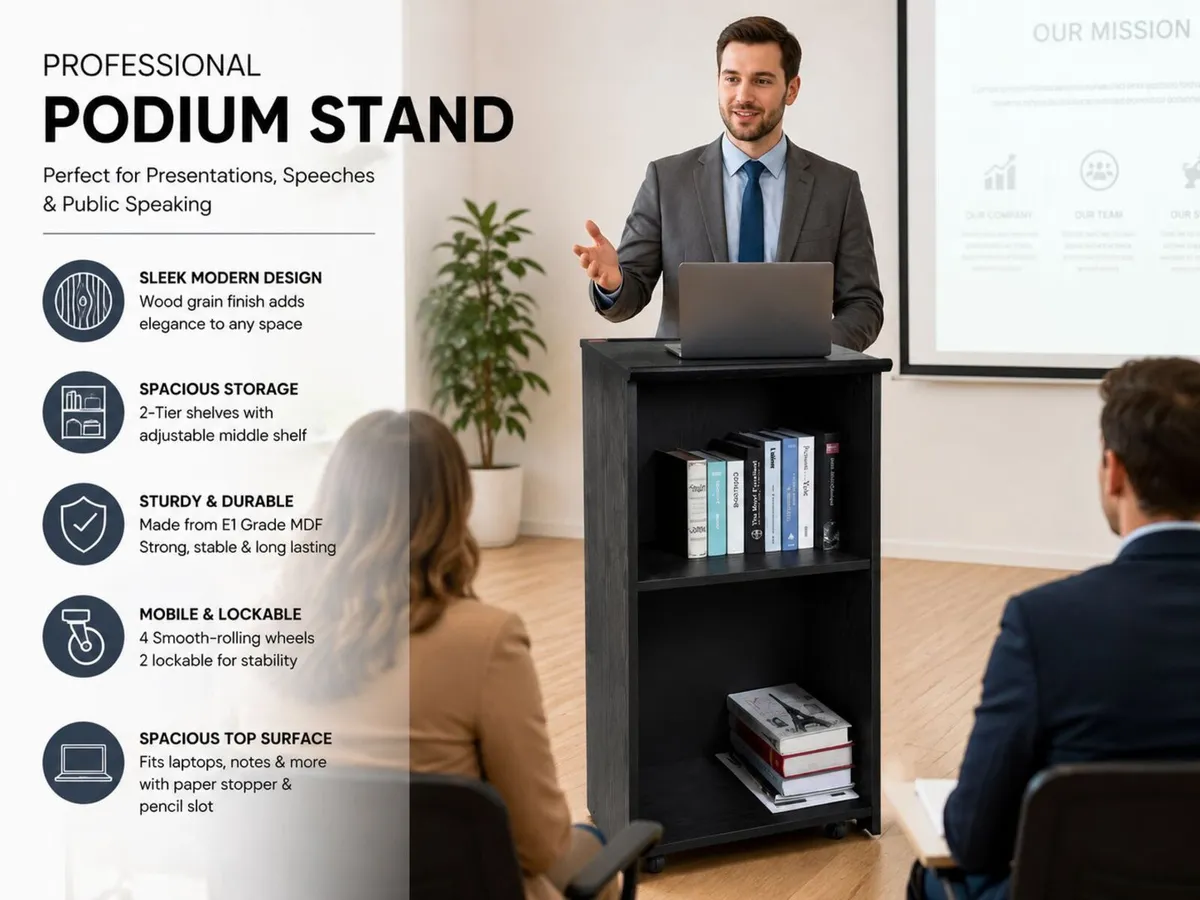 Mobile Wooden Podium Lectern with Storage Shelves - Image 1