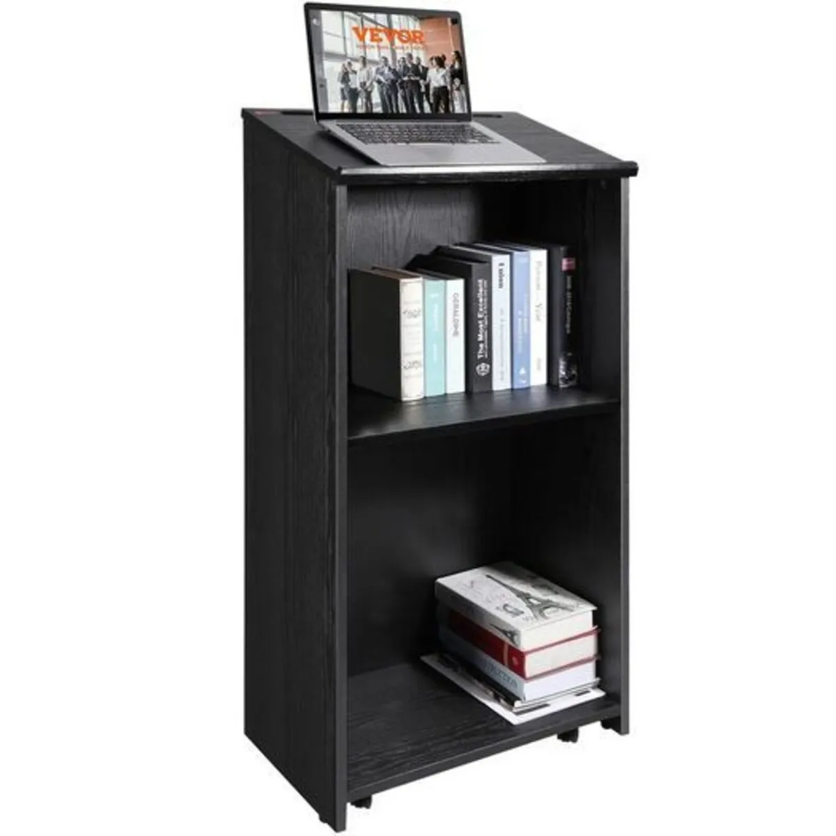 Mobile Wooden Podium Lectern with Storage Shelves - Image 2