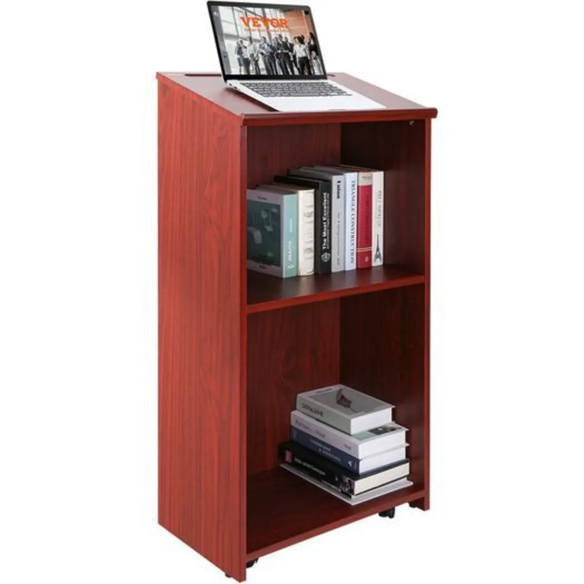 Mobile Wooden Podium Lectern with Storage Shelves - Image 4