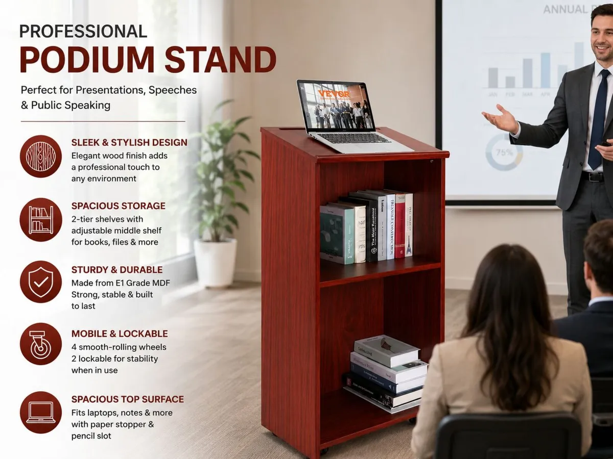Mobile Wooden Podium Lectern with Storage Shelves - Image 3