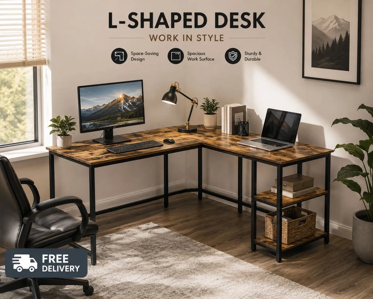 L Shaped Computer Desk with Storage Shelves Corner - Image 1