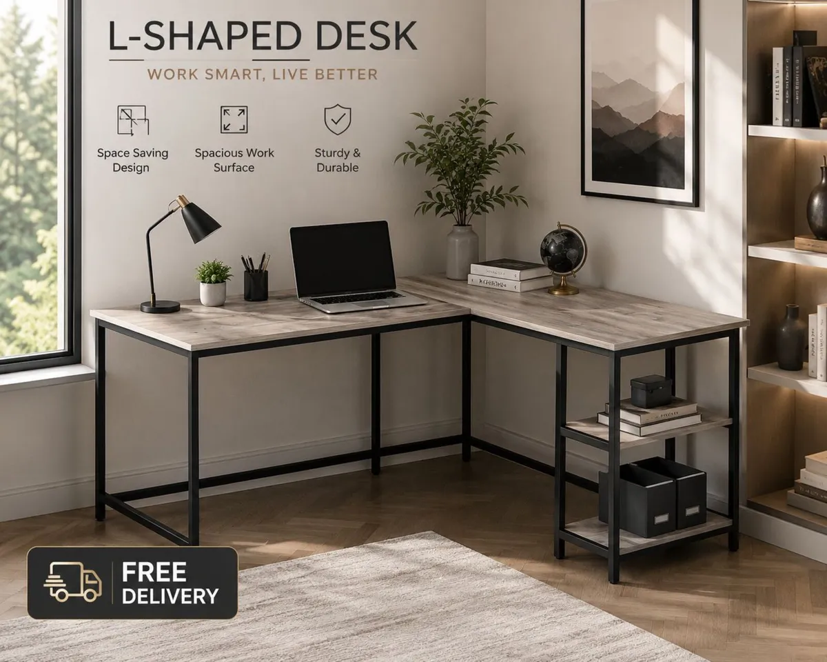 L Shaped Computer Desk with Storage Shelves Corner - Image 2