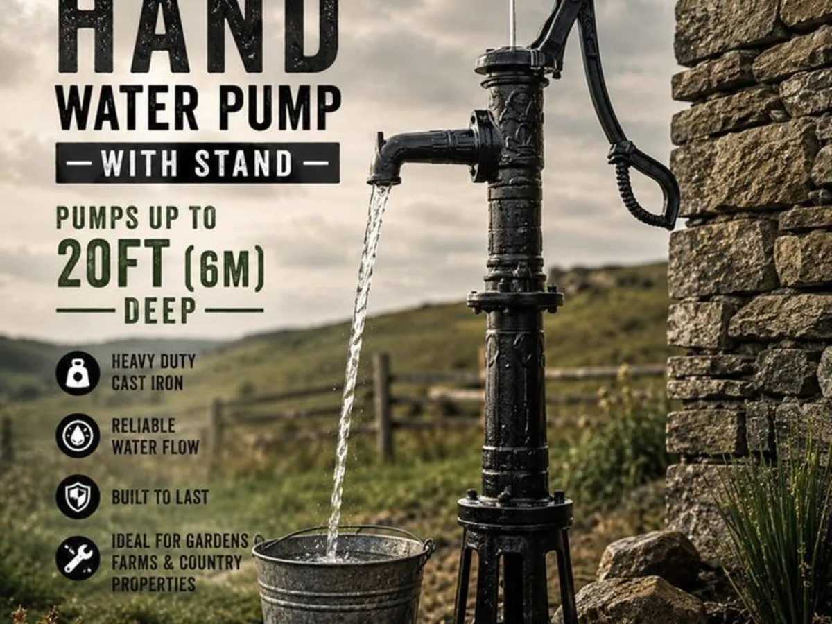Vintage Cast Iron Hand Water Pump with Stand 20ft - Image 1