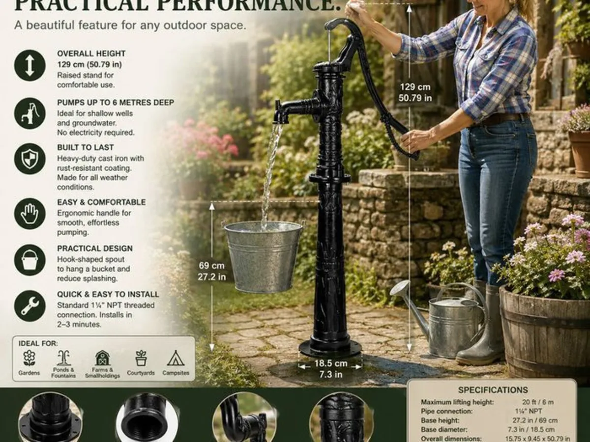Vintage Cast Iron Hand Water Pump with Stand 20ft - Image 4