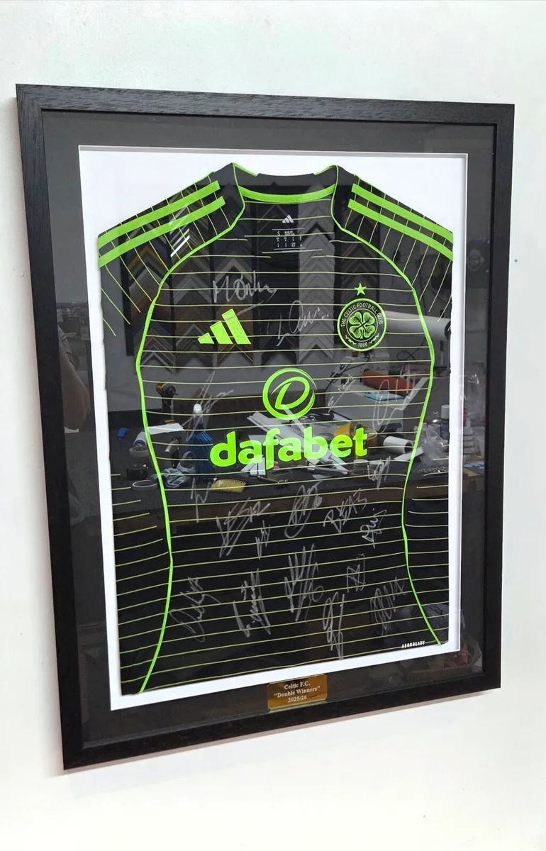 Celtic F.C. 25/26 Squad Signed Framed Away Shirts. - Image 1