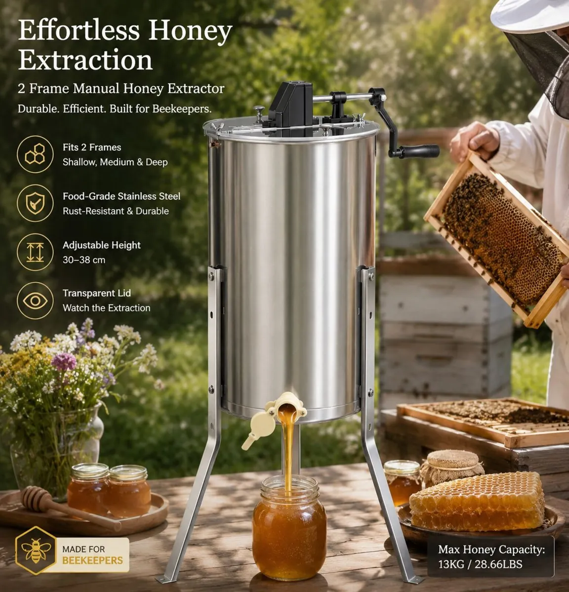 2 Frame Manual Honey Extractor Stainless Steel Hon - Image 1