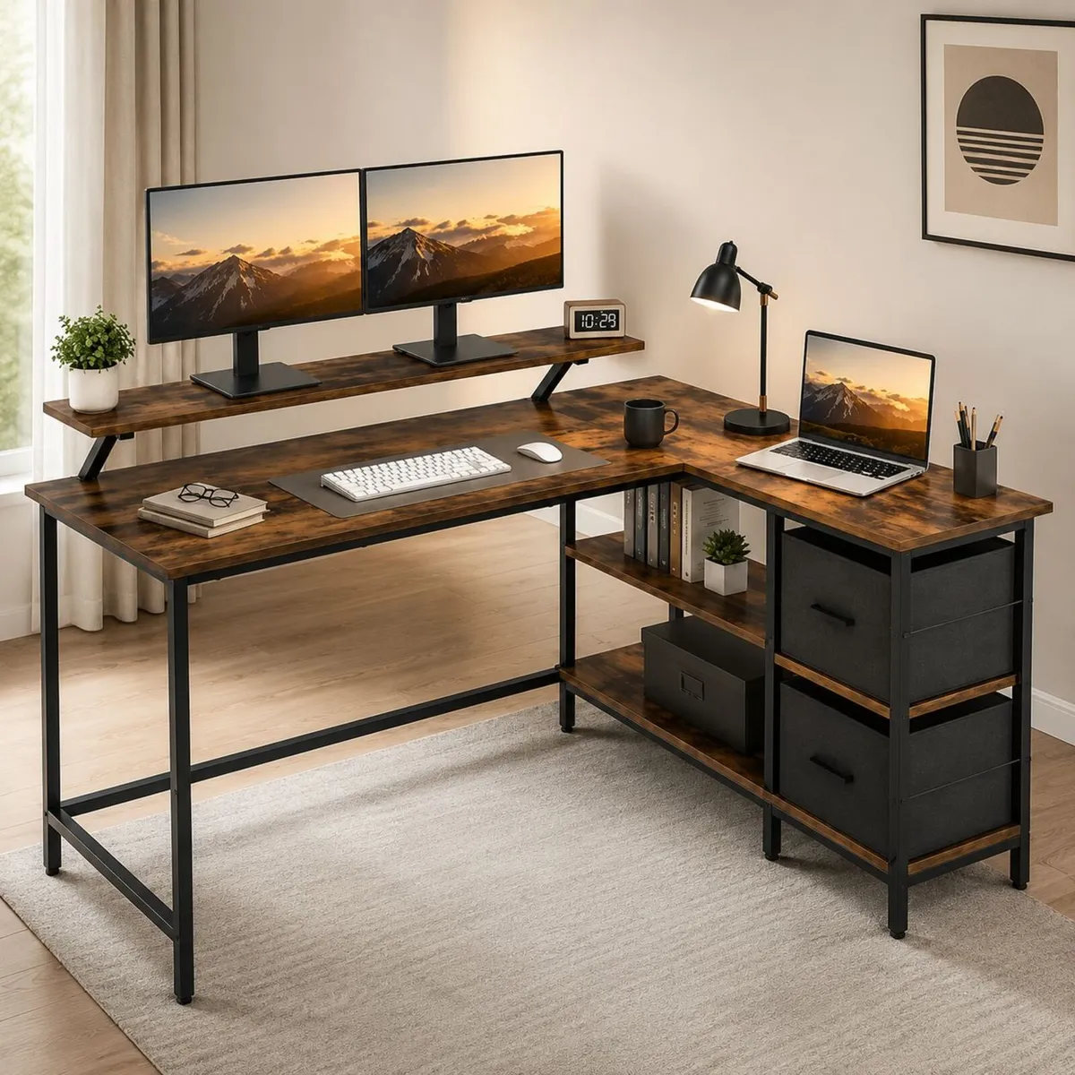 L-Shaped Corner Desk with Storage Drawers & Monito - Image 1