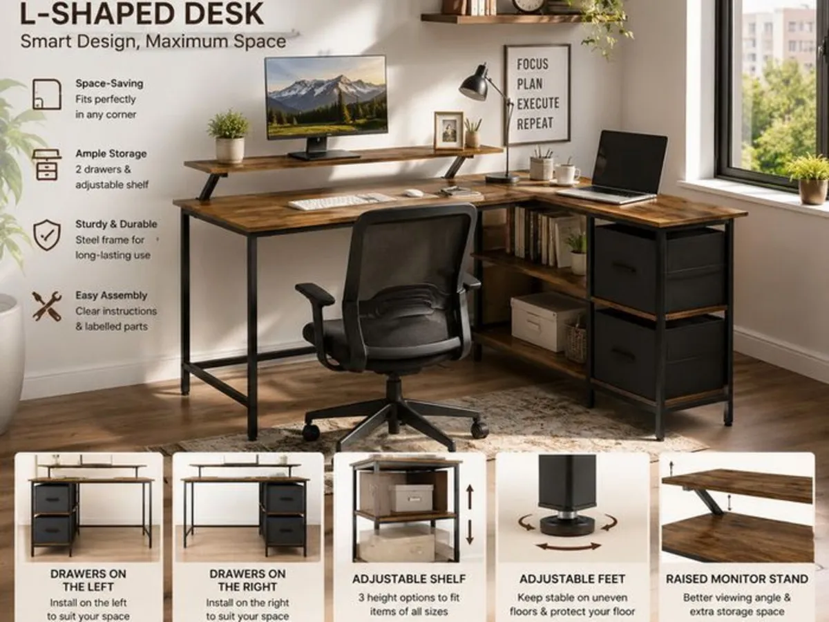 L-Shaped Corner Desk with Storage Drawers & Monito - Image 2