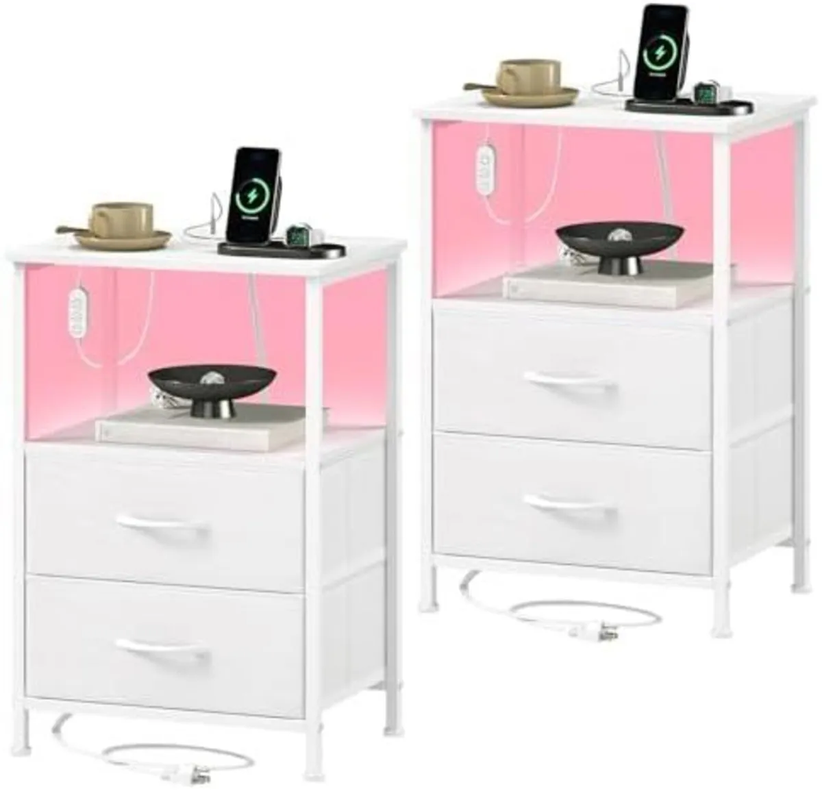 Bedside Table Set of 2 with Charging Station and L - Image 1