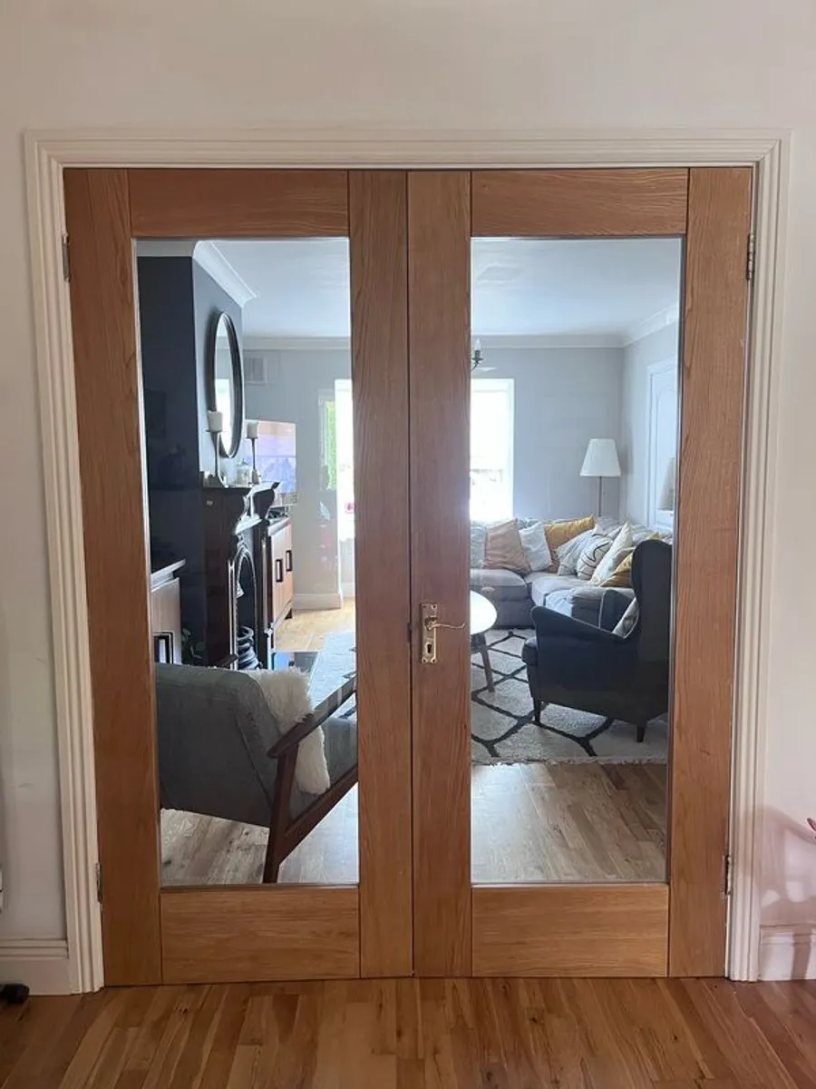Solid wood internal double doors with glass panels - Image 1