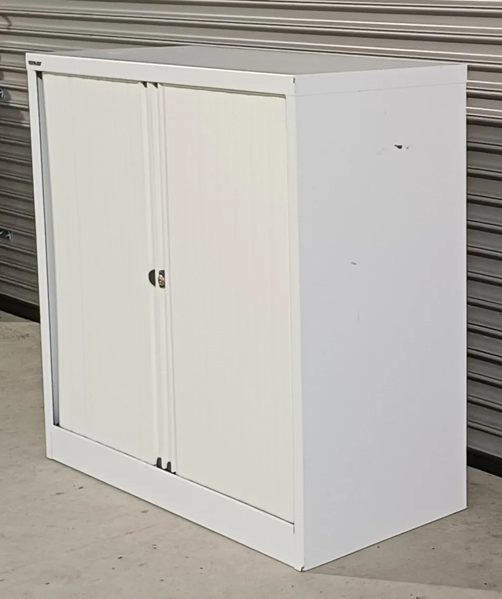 1m Bisley Chalk White Steel Tambour Cabinet - Image 3