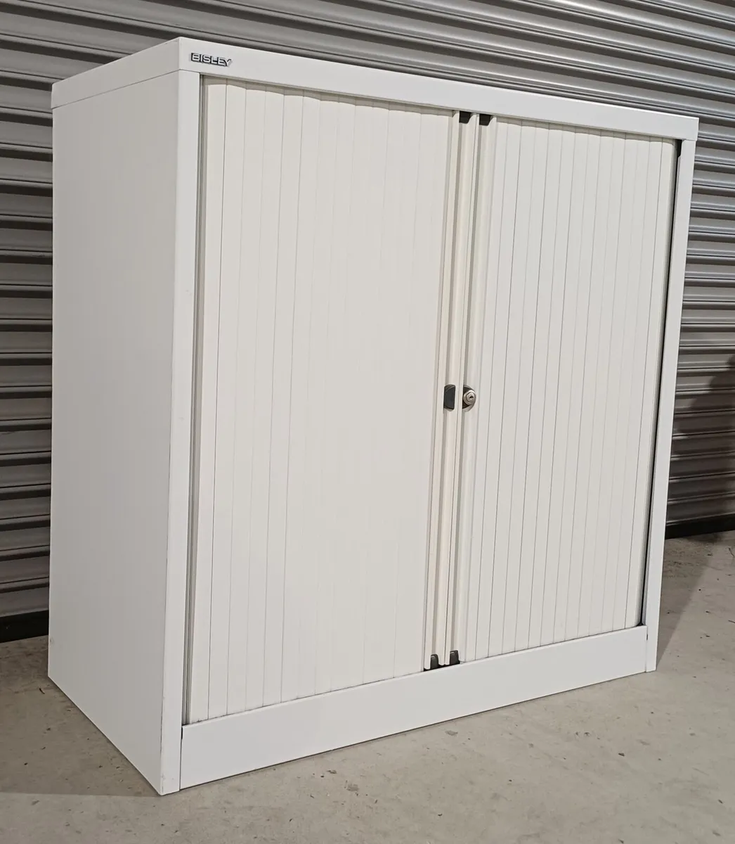 1m Bisley Chalk White Steel Tambour Cabinet - Image 2