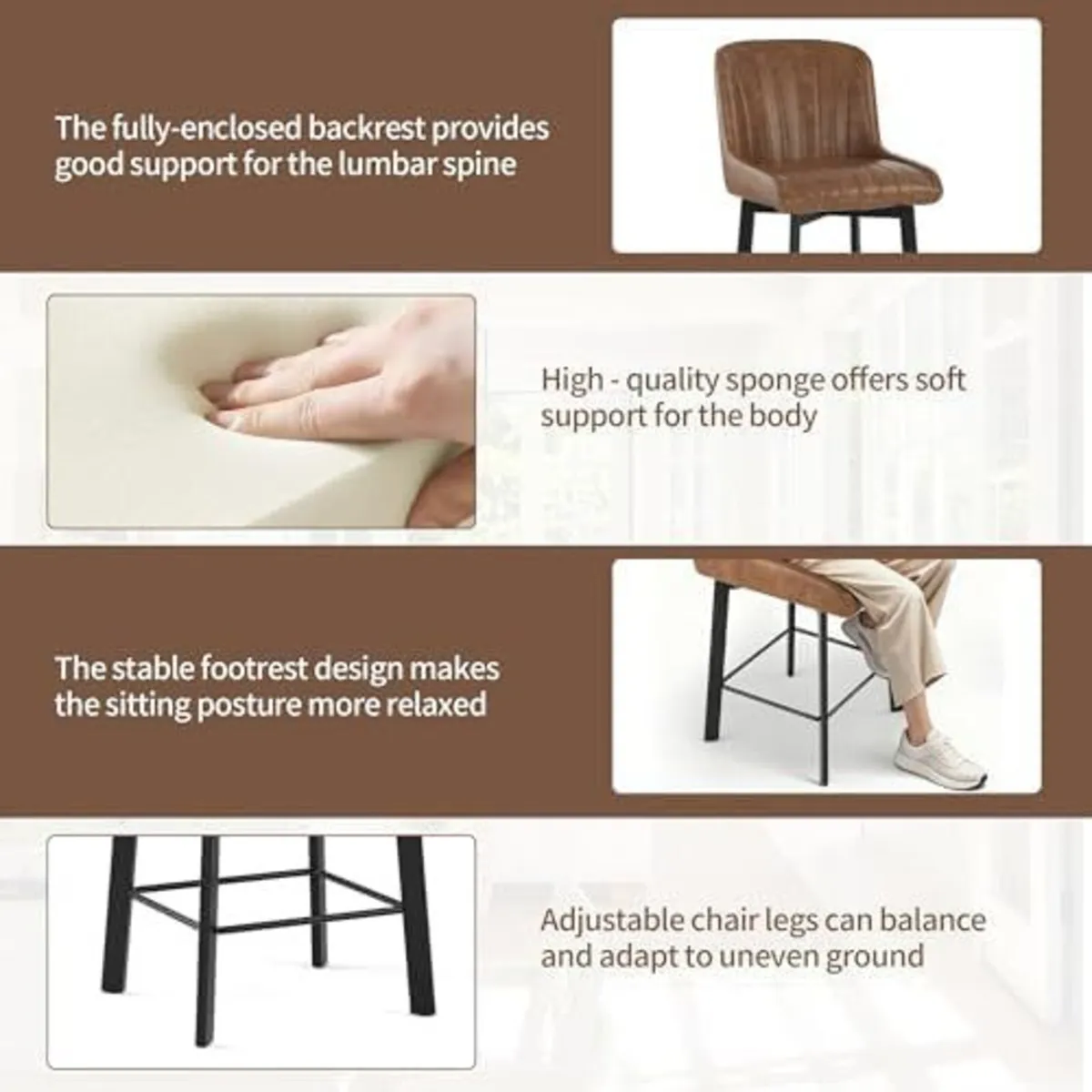 Brown Bar Stools Set of 2 Swivel Breakfast Kitchen - Image 4