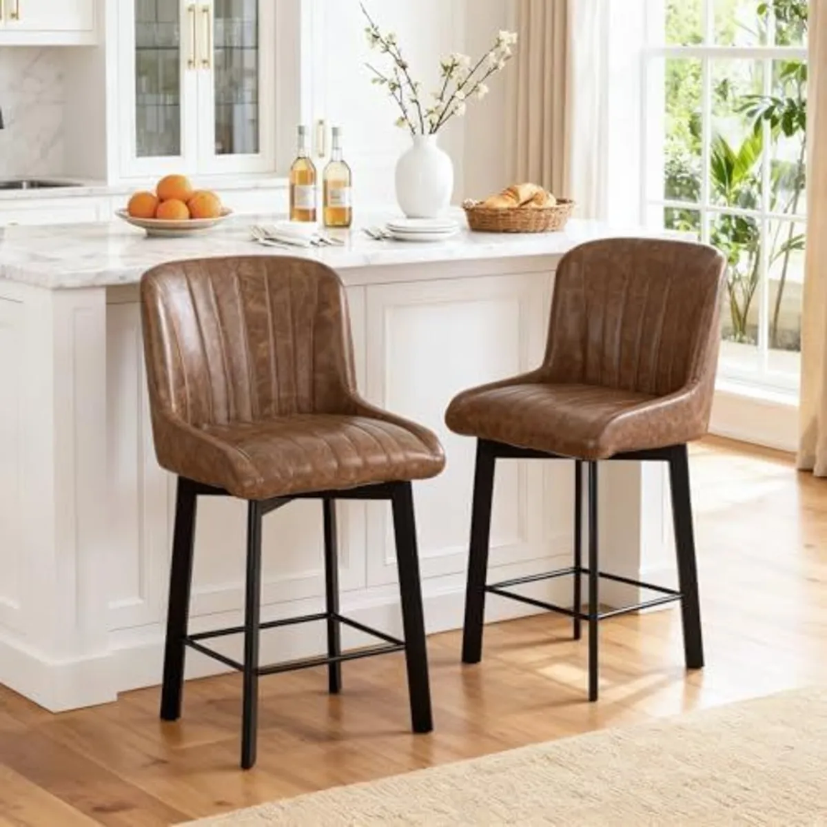 Brown Bar Stools Set of 2 Swivel Breakfast Kitchen - Image 1