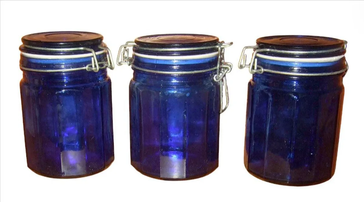 Rare Vintage Harrods Blue Glass Storage Jars (3) - Image 1