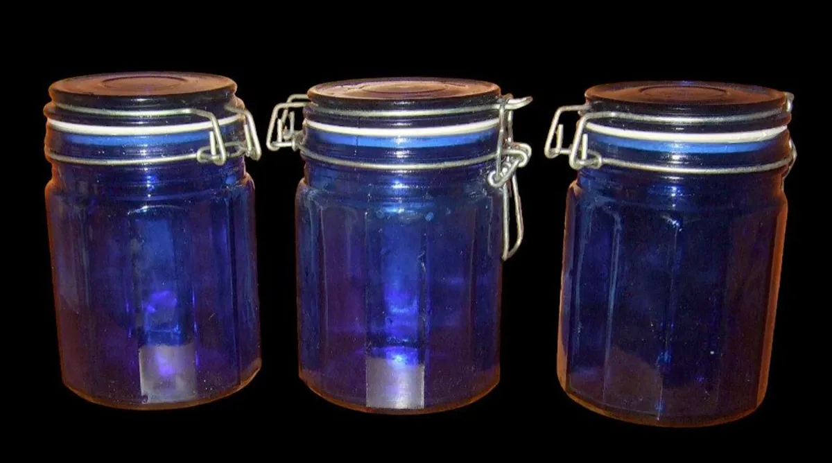 Rare Vintage Harrods Blue Glass Storage Jars (3) - Image 2