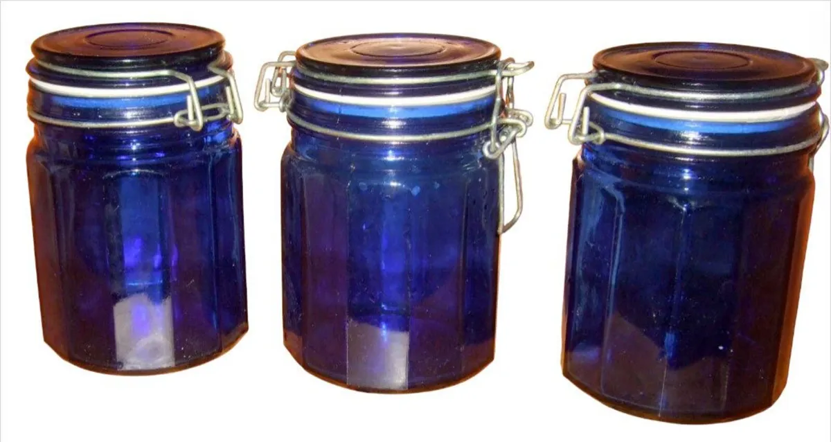 Rare Vintage Harrods Blue Glass Storage Jars (3) - Image 3
