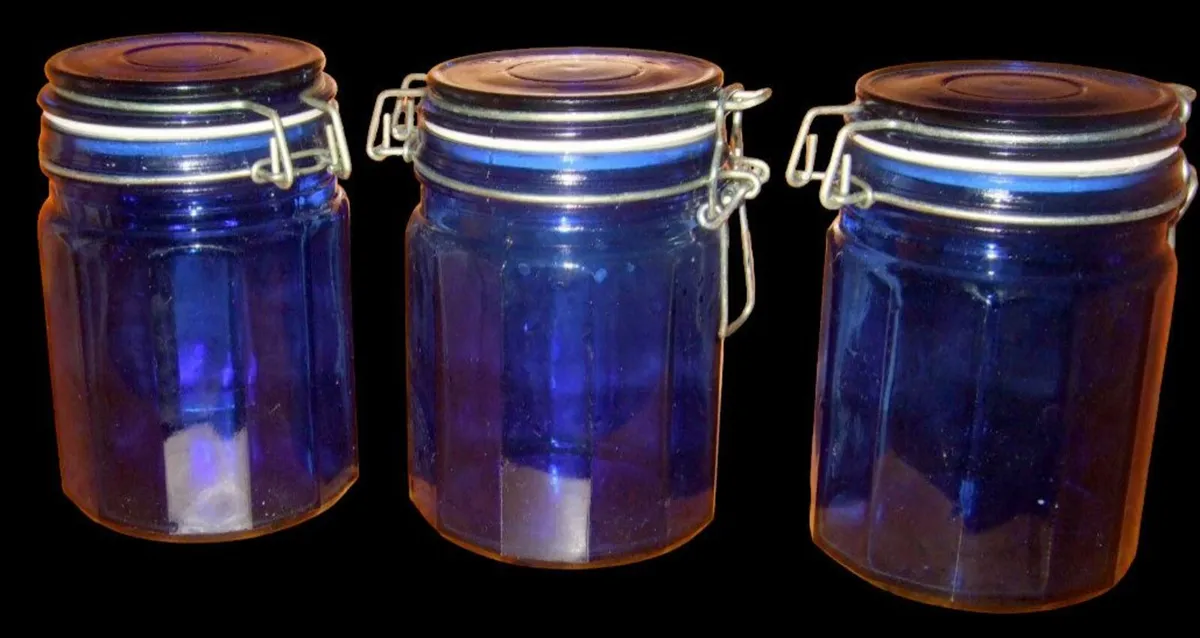 Rare Vintage Harrods Blue Glass Storage Jars (3) - Image 4