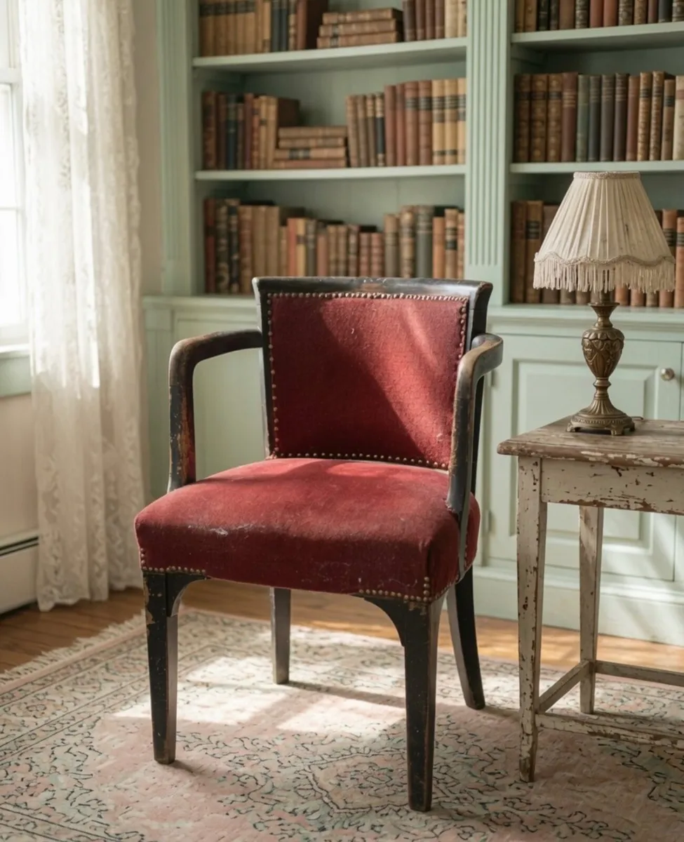 Arm Chair,  Vintage Upholstered,  Burgundy Velvet - Image 1