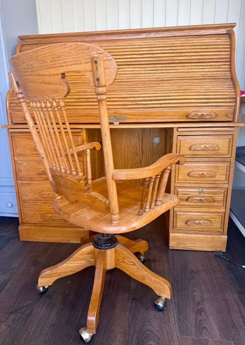 Solid Oak Roll-Top Writing Bureau Desk & Matching Captain's Chair - Image 1