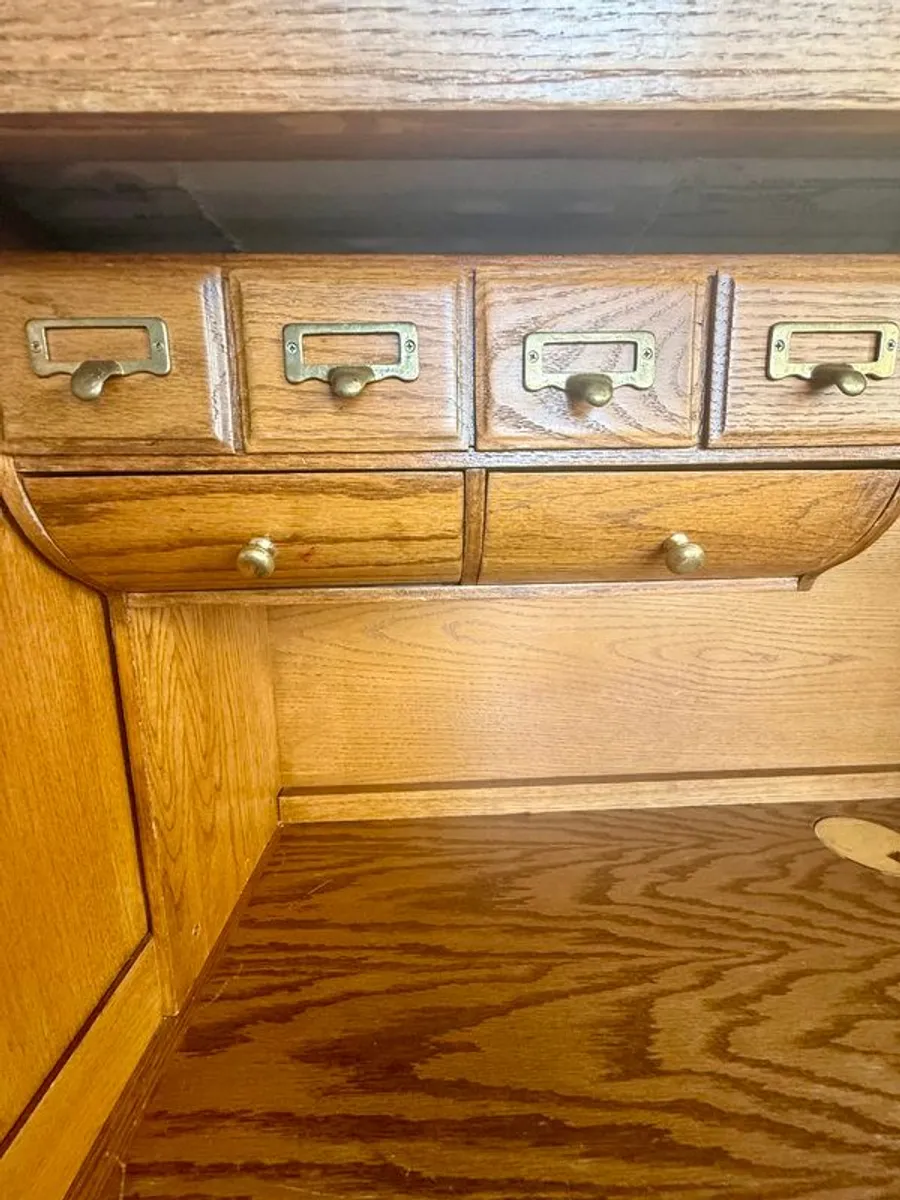 Solid Oak Roll-Top Writing Bureau Desk & Matching Captain's Chair - Image 3