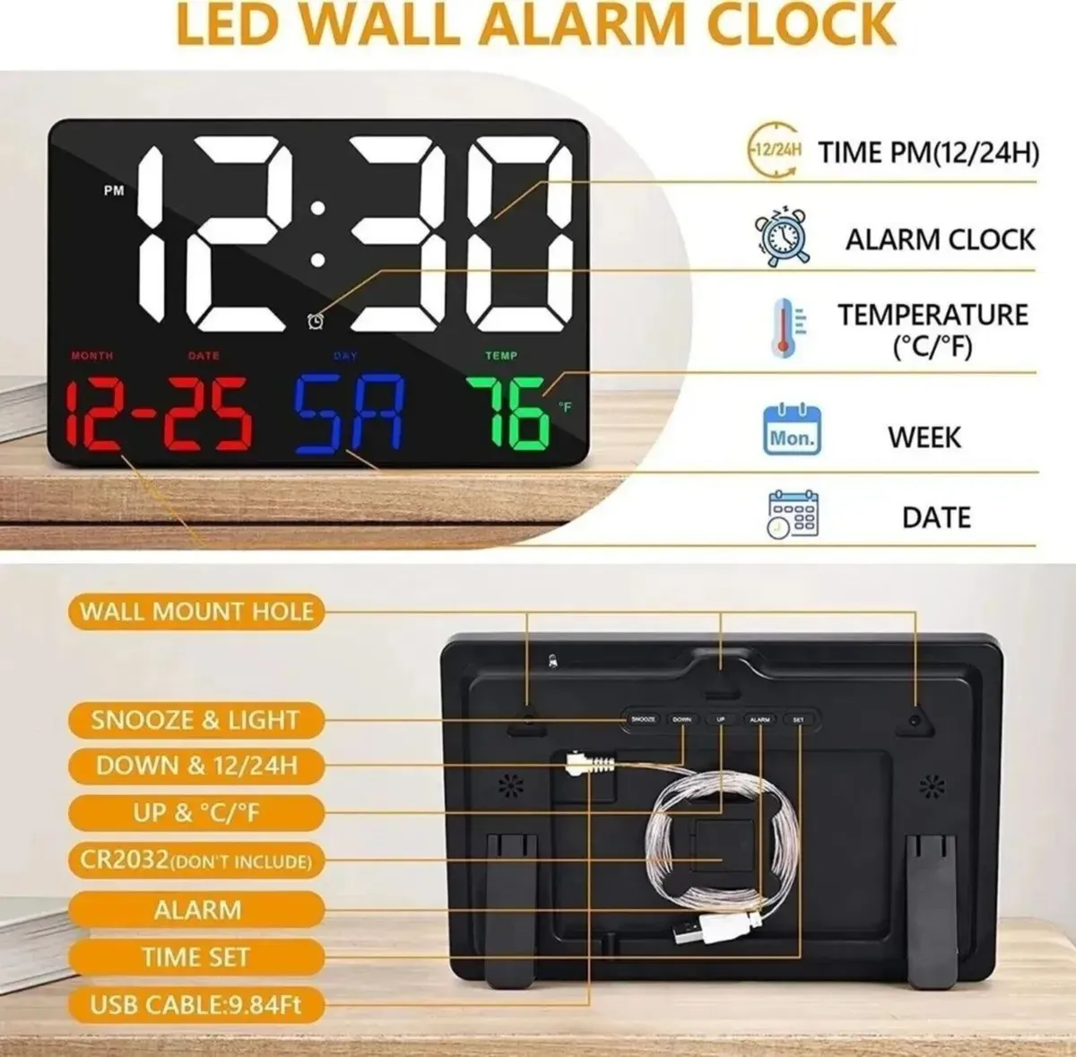 Digital LED Clock Large Display Calendar Alarm - Image 4