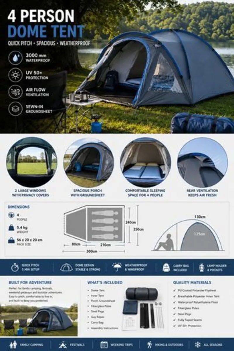 4 Person Dome Camping Tent With Porch Groundsheet - Image 3