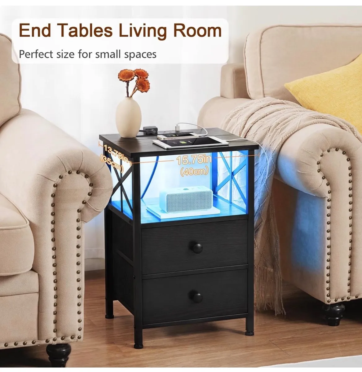 Bedside Table Set of 2, Side Table with Charging S - Image 4