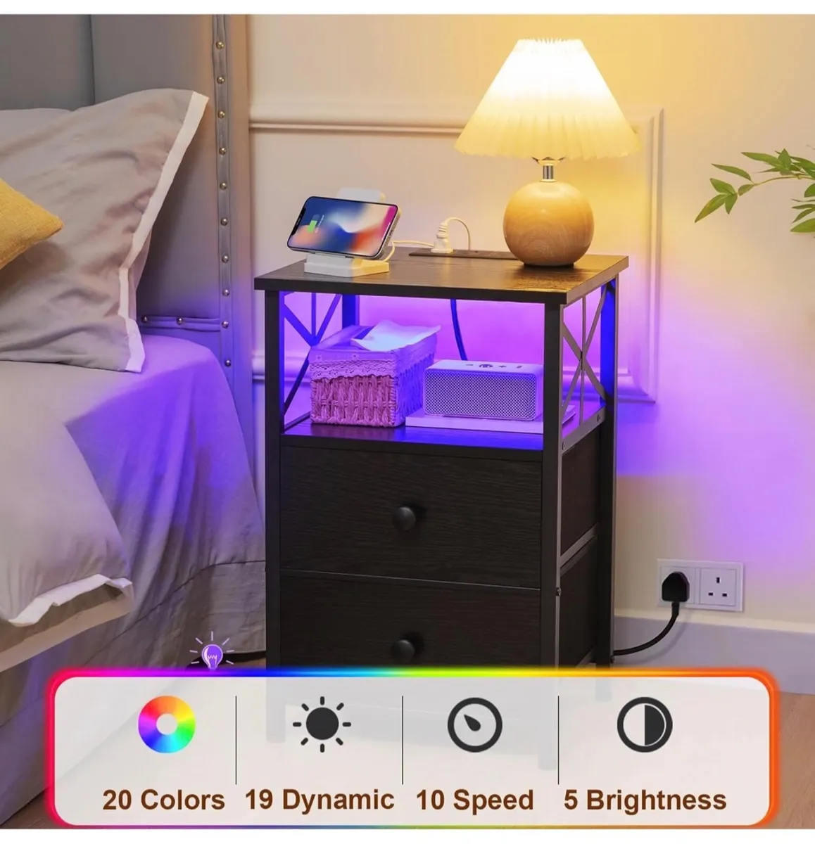 Bedside Table Set of 2, Side Table with Charging S - Image 2