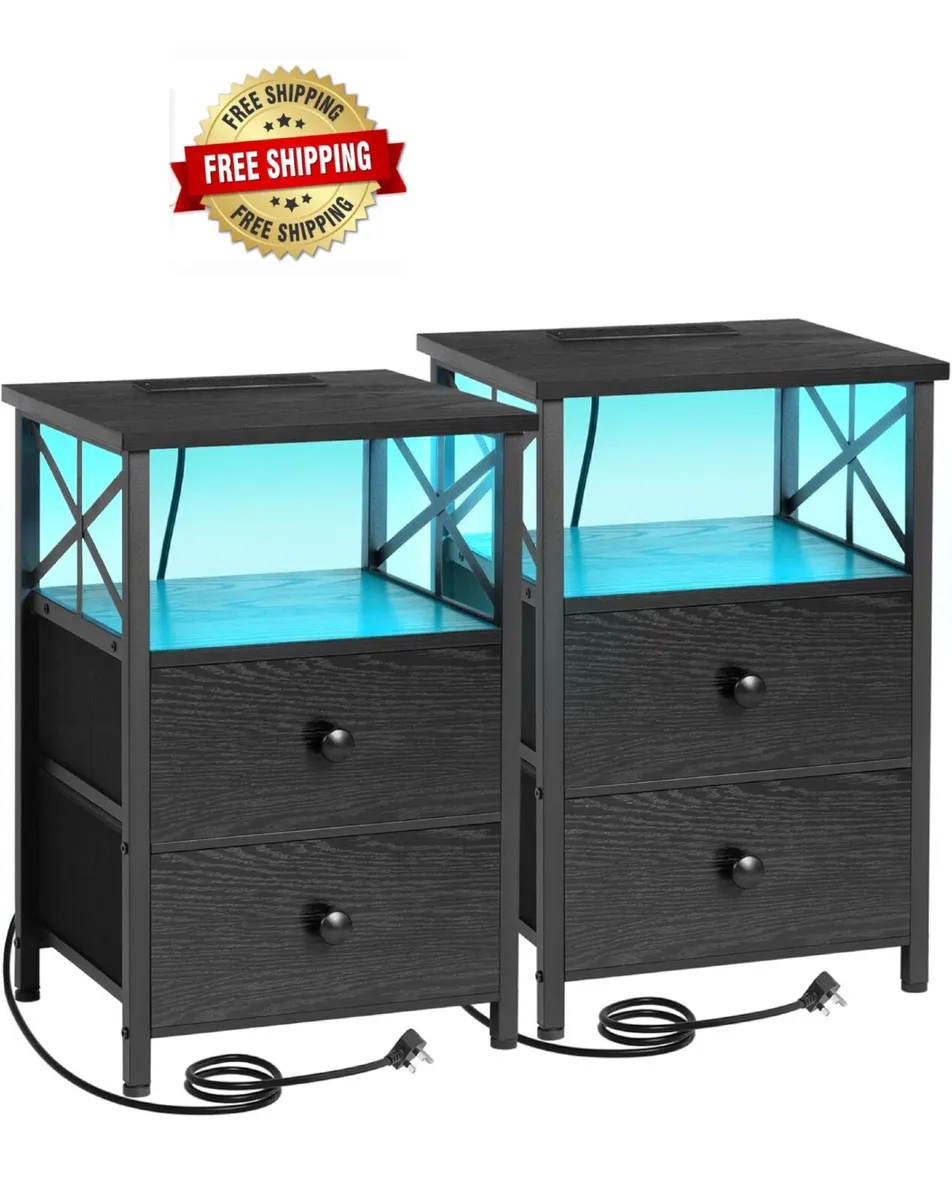 Bedside Table Set of 2, Side Table with Charging S - Image 1