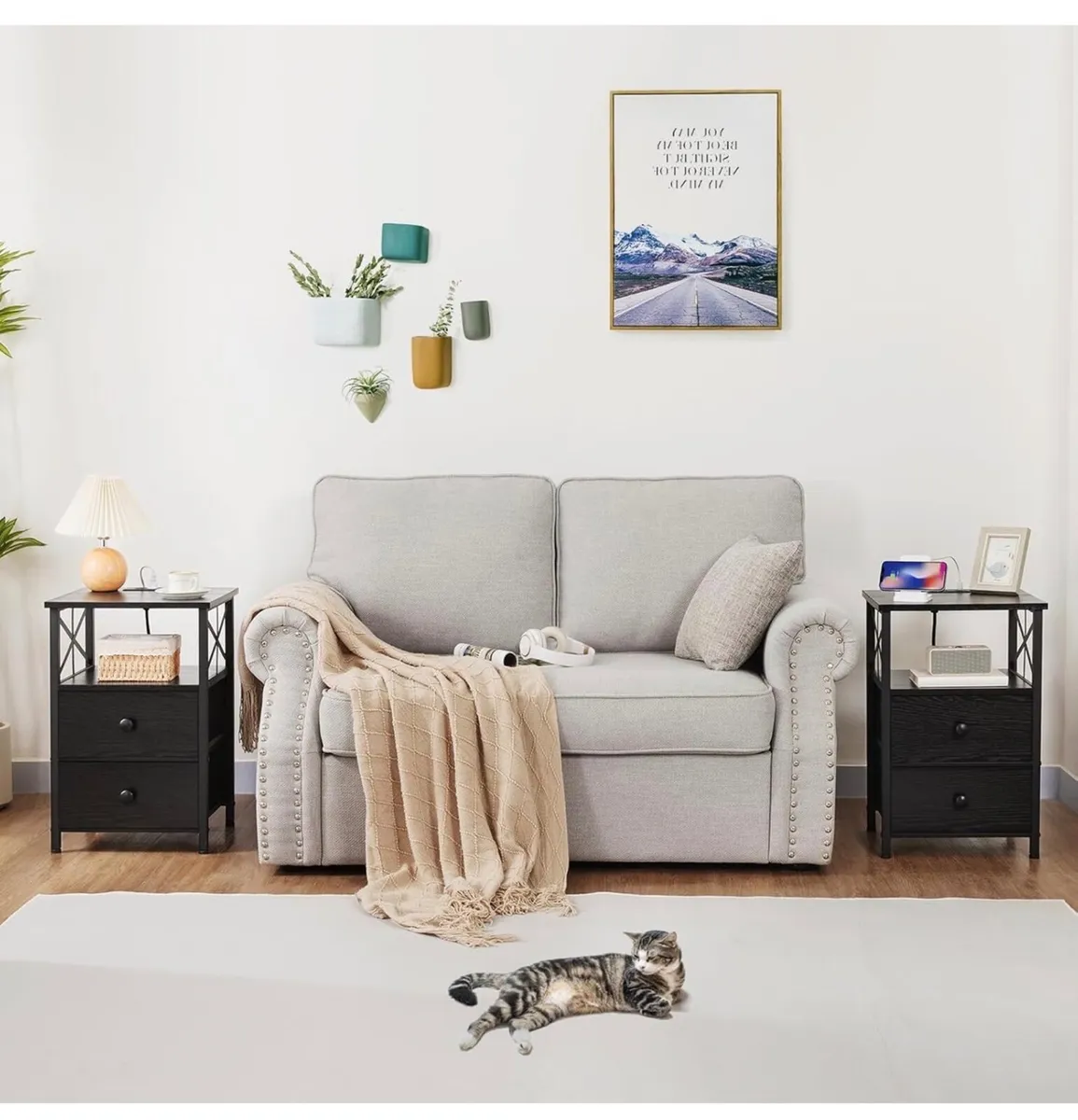 Bedside Table Set of 2, Side Table with Charging S - Image 2