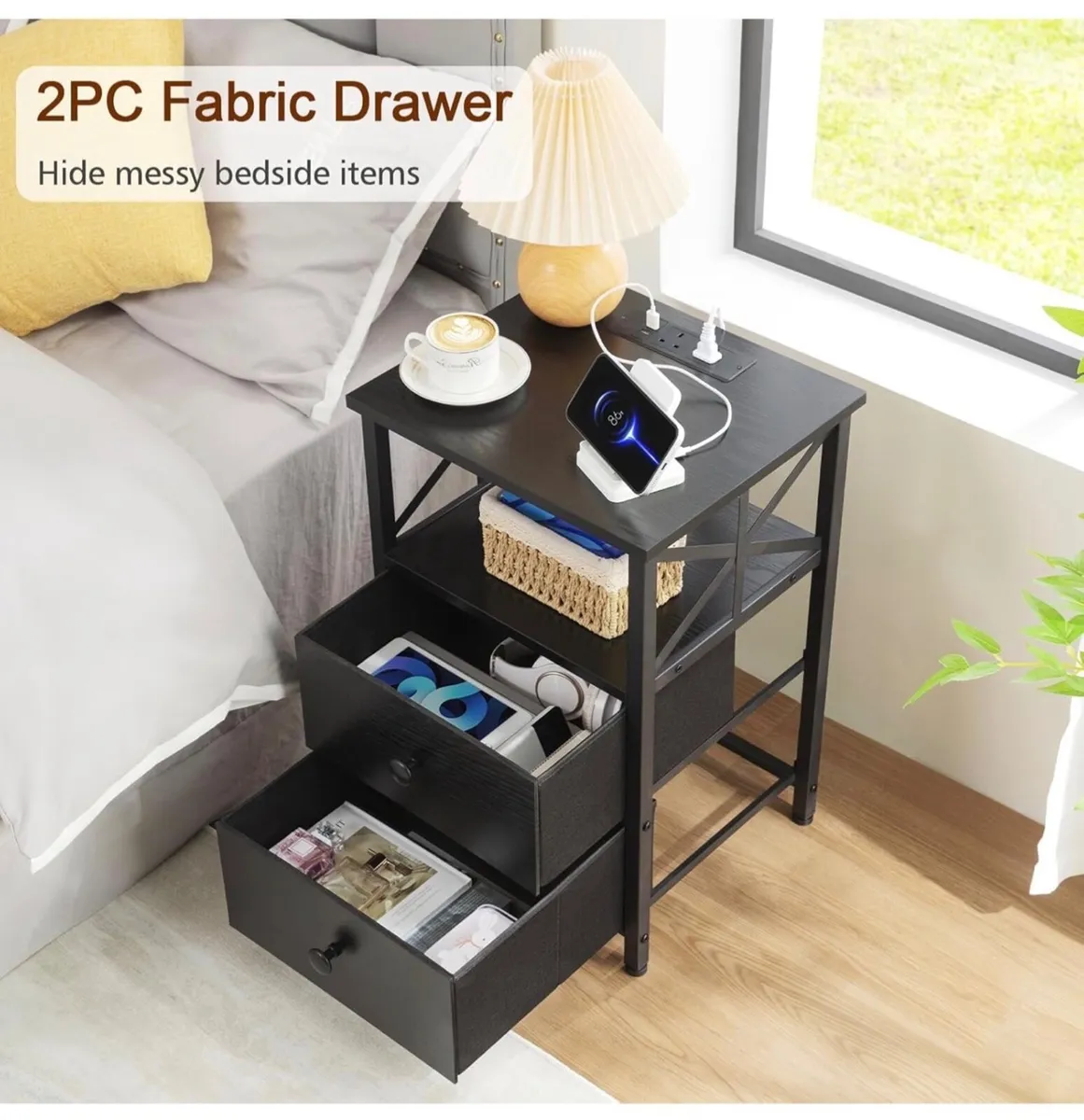Bedside Table Set of 2, Side Table with Charging S - Image 3