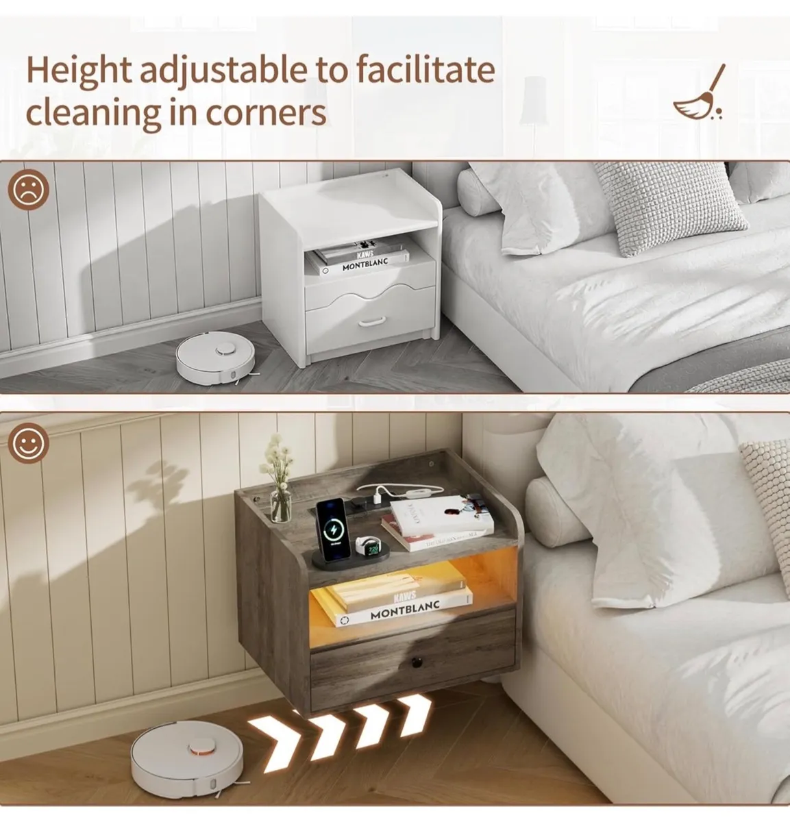 Set of 2 Floating Bedside Tables with lights, Mult - Image 4