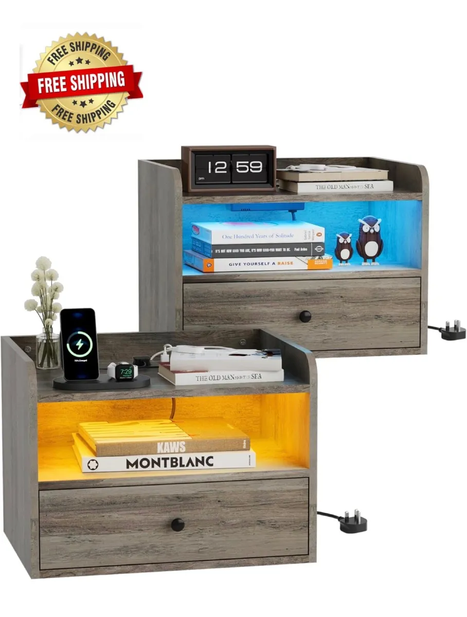 Set of 2 Floating Bedside Tables with lights, Mult - Image 1