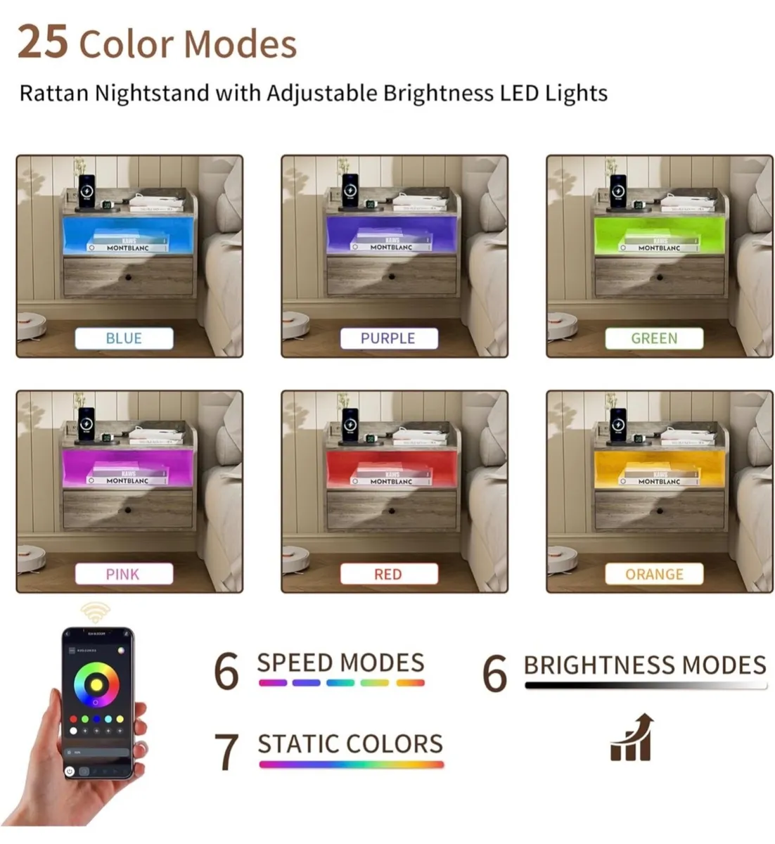 Set of 2 Floating Bedside Tables with lights, Mult - Image 1
