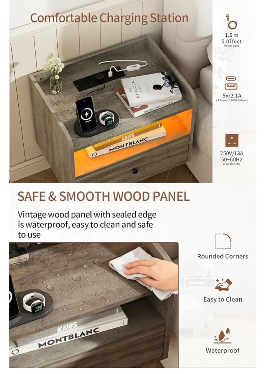 Set of 2 Floating Bedside Tables with lights, Mult - Image 2