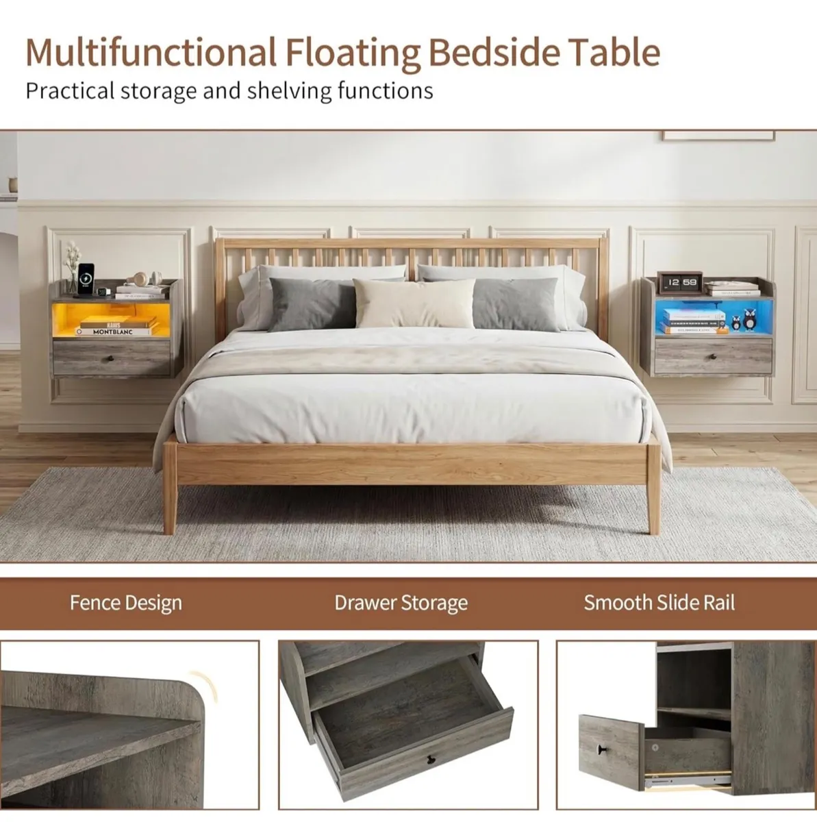 Set of 2 Floating Bedside Tables with lights, Mult - Image 4