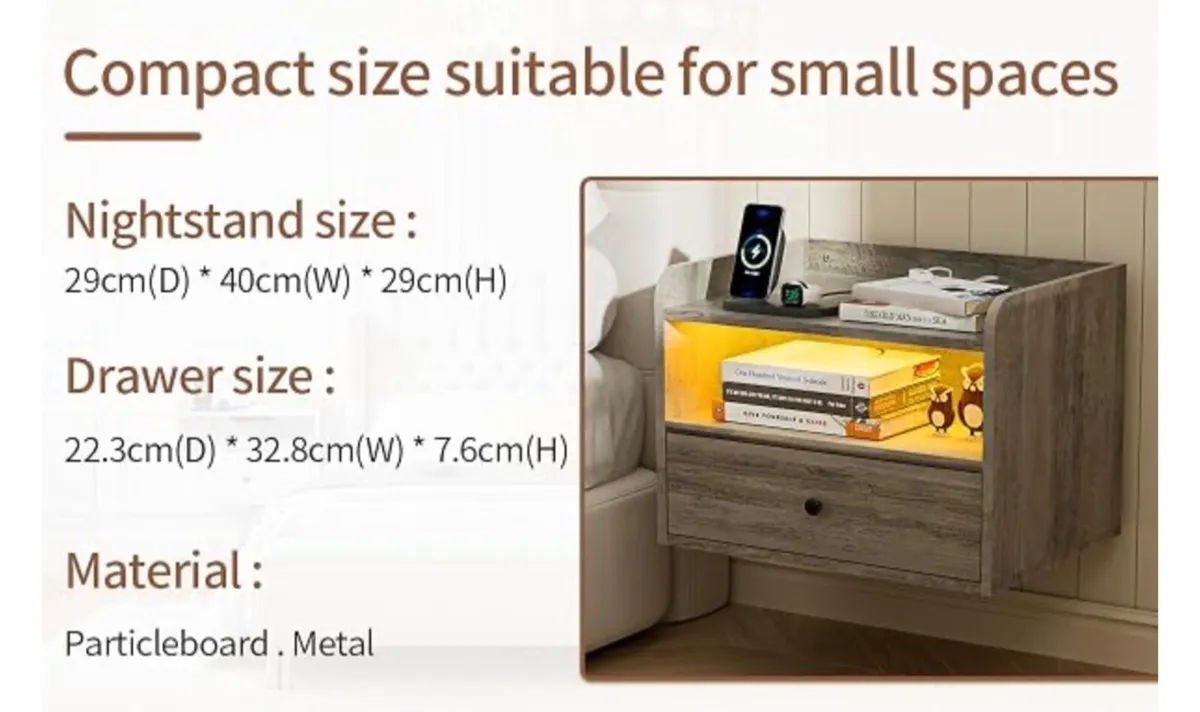 Set of 2 Floating Bedside Tables with lights, Mult - Image 3