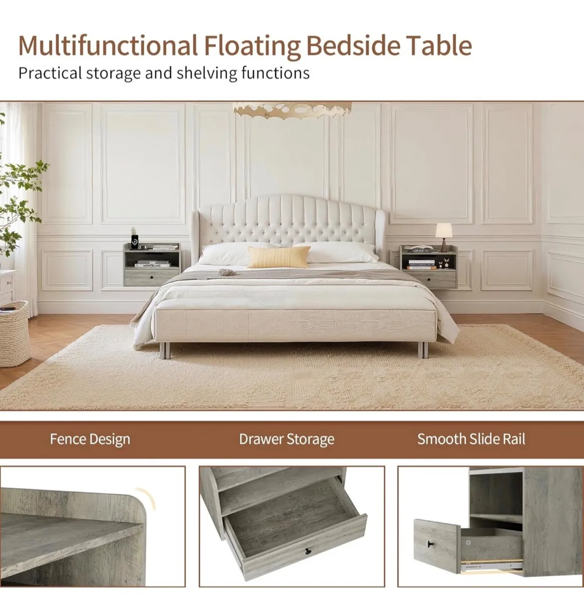 Set of 2 Floating Bedside Tables, Wall Mounted Bed - Image 3