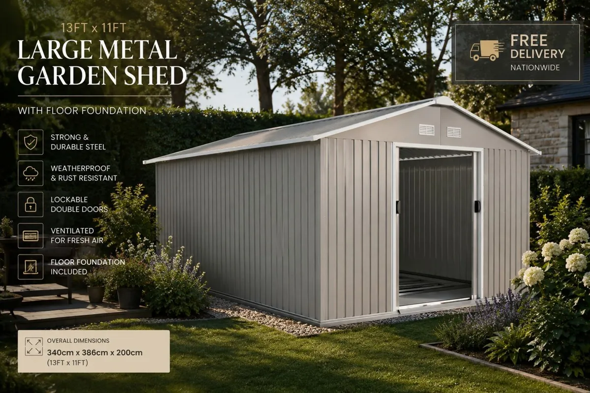 13 x 11ft Large Metal Storage Shed with Sliding Do - Image 1