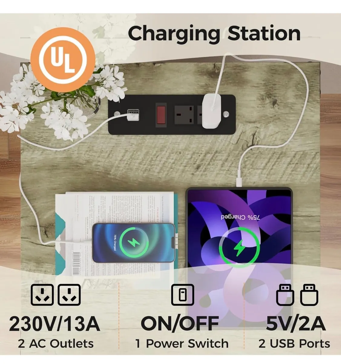 2 Bedside Table with Charging Station, 2 AC Outlet - Image 2