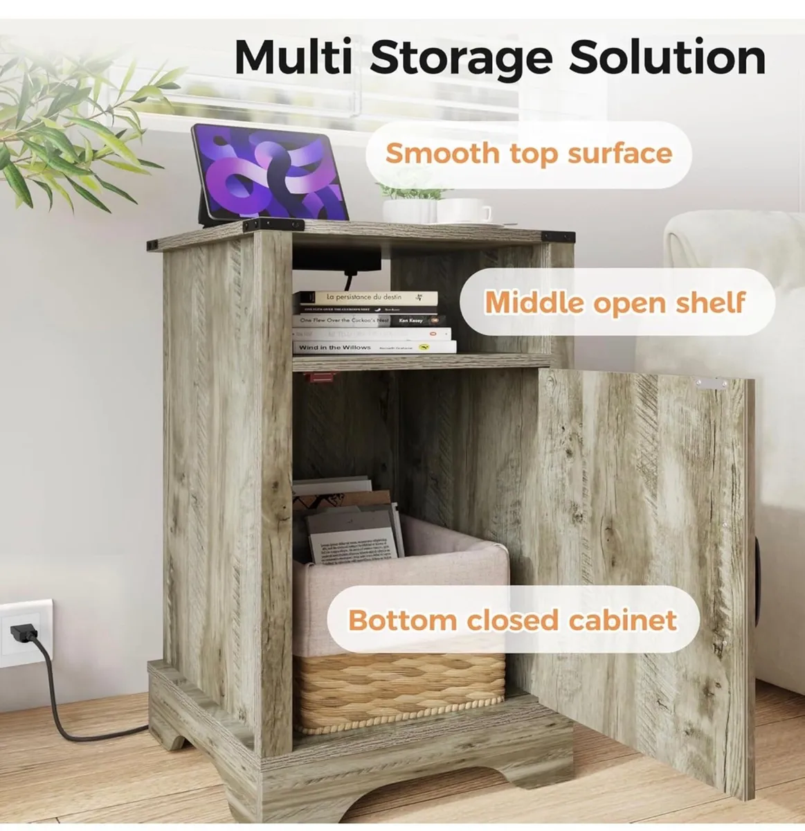 2 Bedside Table with Charging Station, 2 AC Outlet - Image 3