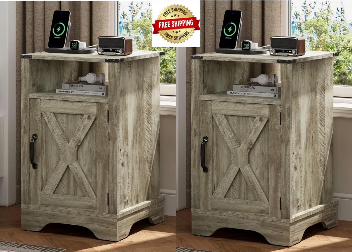 2 Bedside Table with Charging Station, 2 AC Outlet - Image 1