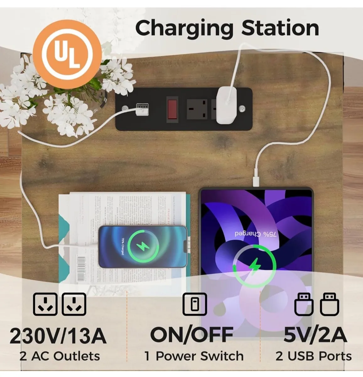 2 Bedside Table with Charging Station, 2 AC Outlet - Image 2