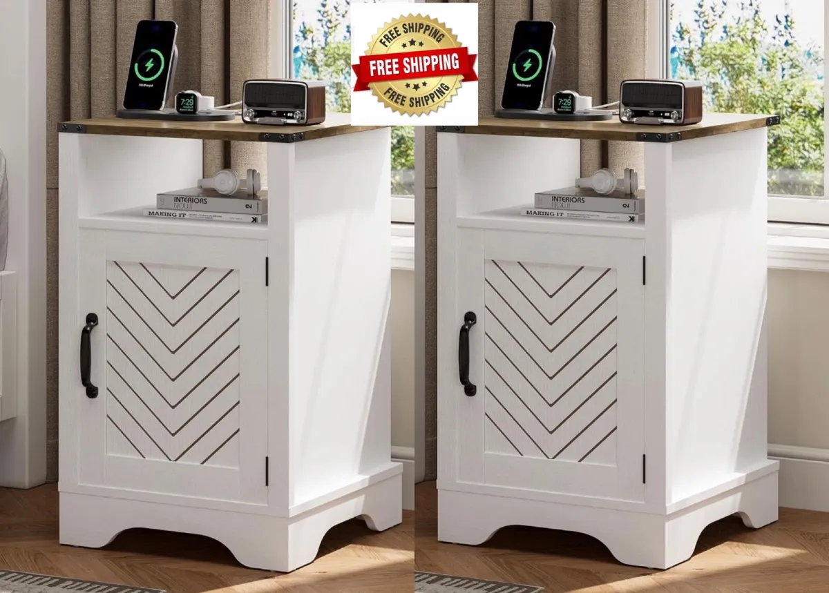 2 Bedside Table with Charging Station, 2 AC Outlet - Image 1