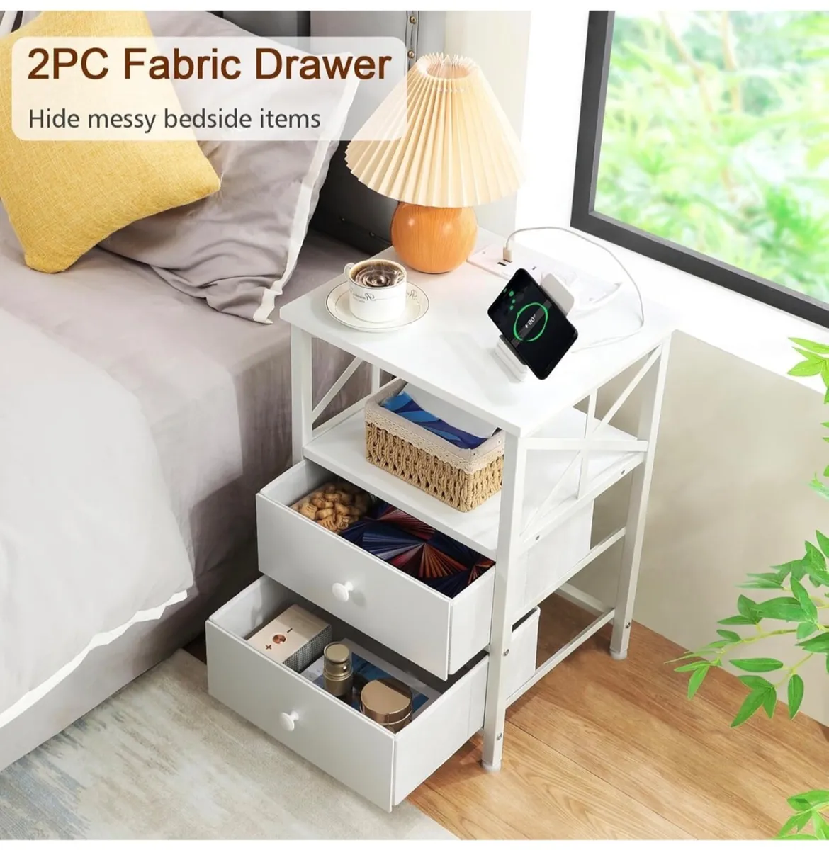 Bedside Table Set of 2, Side Table with Charging S - Image 3