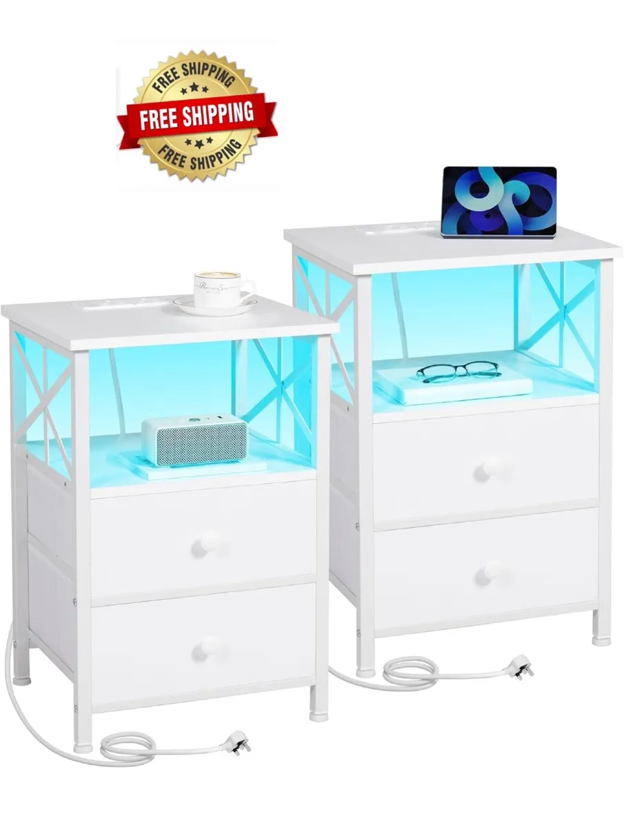 Bedside Table Set of 2, Side Table with Charging S - Image 1