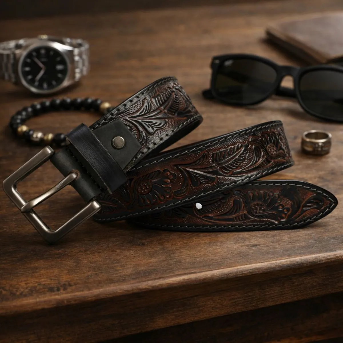 Genuine Leather Belt Vintage Floral Western Belt - Image 1